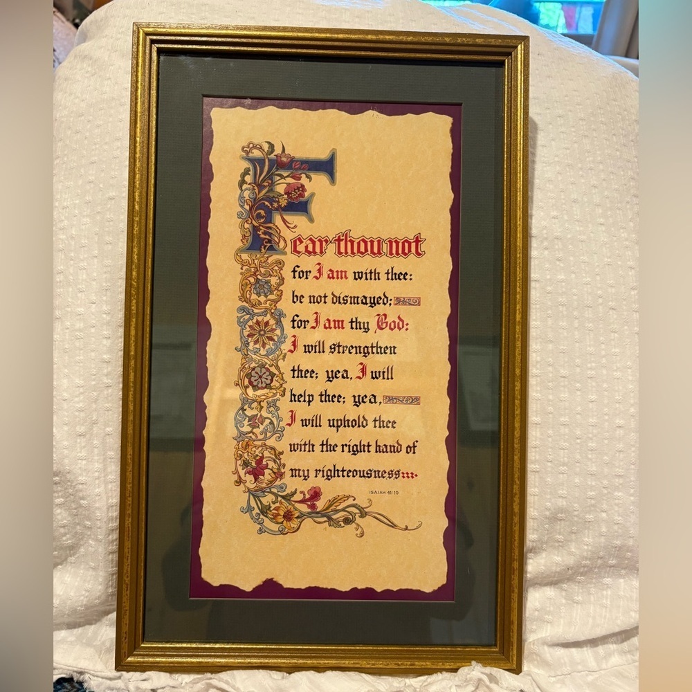 Home Interiors framed art bible verse Isaiah 41:10, which reads: "Fear thou not”